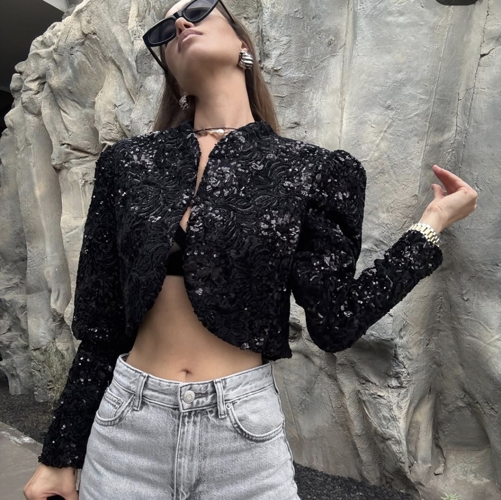 Zara SEQUIN VOLUME SLEEVE JACKET SIZE S